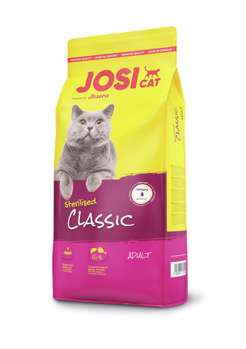 Das Bild zeigt eine gelb-pinke Verpackung des Katzenfutters „JosiCat Sterilised Classic“ von der Marke Josera. Es ist speziell für sterilisierte, ausgewachsene Katzen (Adult) entwickelt. Die Rezeptur enthält 86 % tierisches Eiweiß und unterstützt einen op
