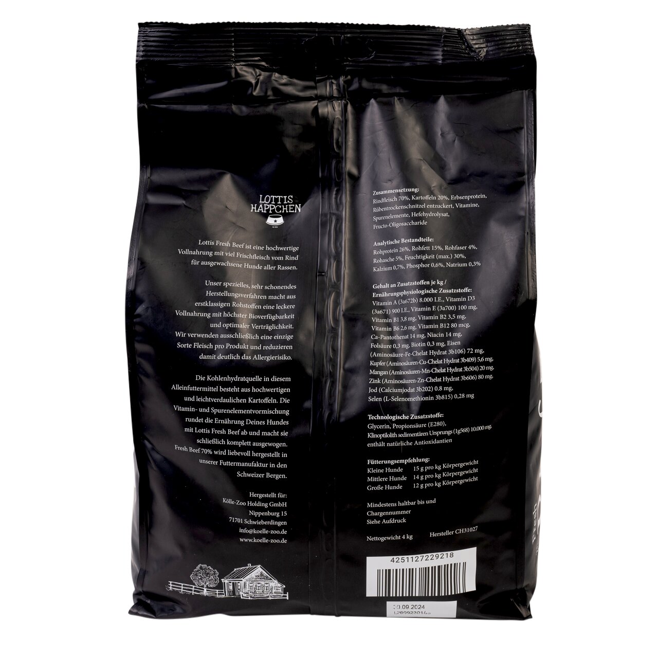 Lottis Häppchen Fresh Beef: Alleinfutter f. Hunde aller Rassen, Rind+Kartoffeln, allergenarm, schonend, 4 kg.