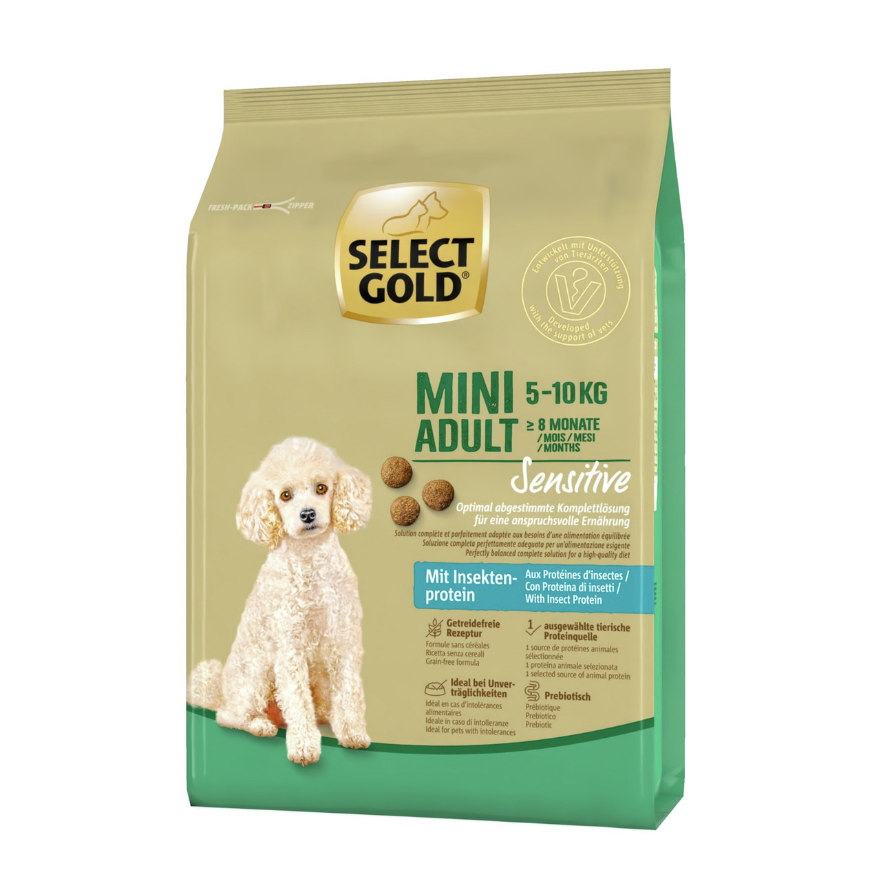 Select Gold Mini Adult Sensitive, Hundefutter 1 kg, ab 8 Mon., 5–10 kg, Insektenprotein, getreidefrei, ideal bei Unverträglichkeiten.