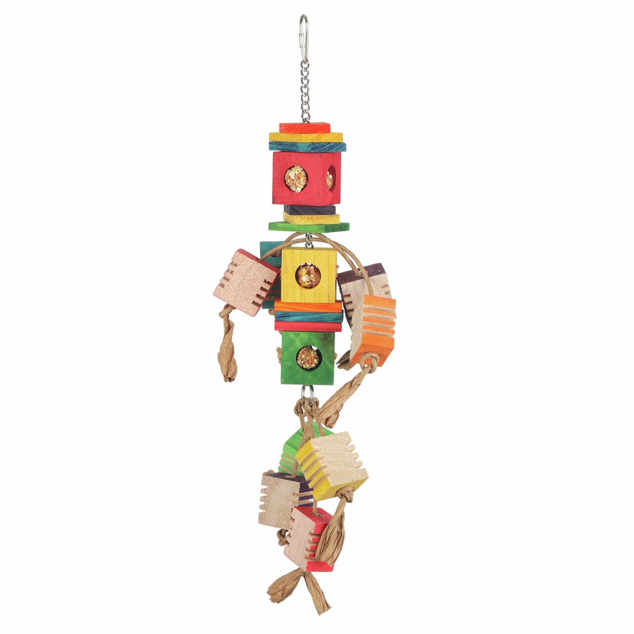 Ein farbenfrohes Vogelspielzeug der Marke Quapas, geeignet für Papageien und andere Vögel. Es besteht aus bunten Holzblöcken, Seilen und Glitzerelementen, die an einer Metallkette befestigt sind. Fördert die Beschäftigung und den Spieltrieb der Vögel. Maß