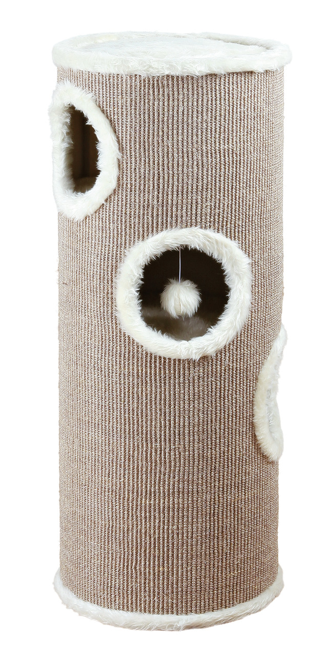 Kratztonne TRIXIE „Juna“ für Katzen, beige, Sisal, Plüsch, Spielzeug, H 70 cm, ideal zum Kratzen, Spielen & Verstecken.