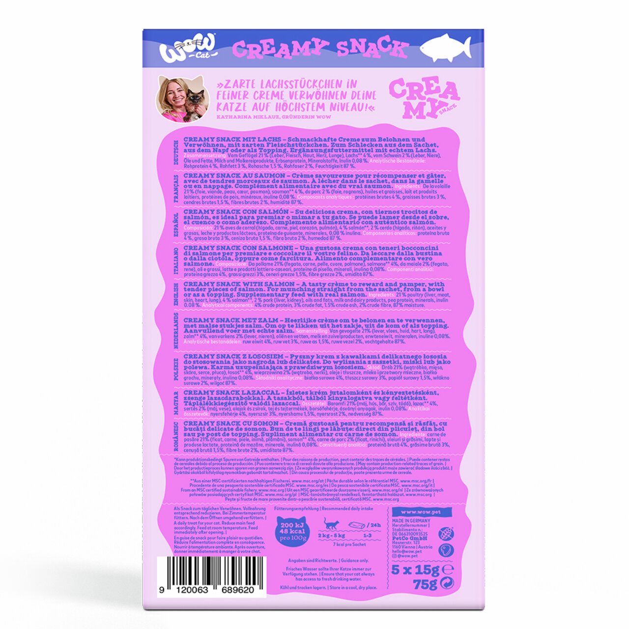 WOW CAT Creamy Snack Lachs, Katzensnack, cremige Textur, mit Lachs, 5x15g, zur Belohnung, unterstützt Wohlbefinden, 75g.