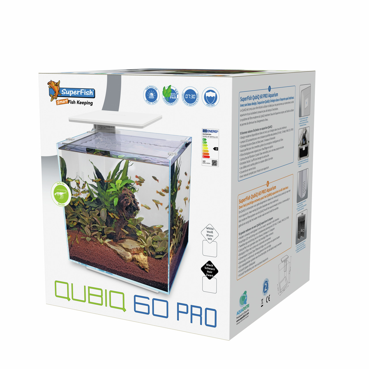 SuperFish QubiQ 60 PRO Nano-Aquarium, 60L, für Süßwasserfische, LED-Beleuchtung, integriertes Filtersystem, modernes Design.