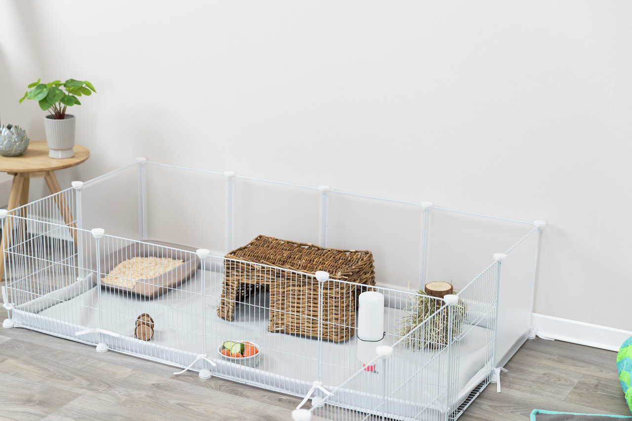 Das Bild zeigt den TRIXIE Freilaufgehege für Kleintiere, geeignet für Kaninchen und Meerschweinchen. Es besteht aus weißen Gitterelementen und enthält Zubehör wie eine Weidenhütte, eine Trinkflasche, eine Futterschale mit Gemüse, Einstreu und Heu. Ideal f