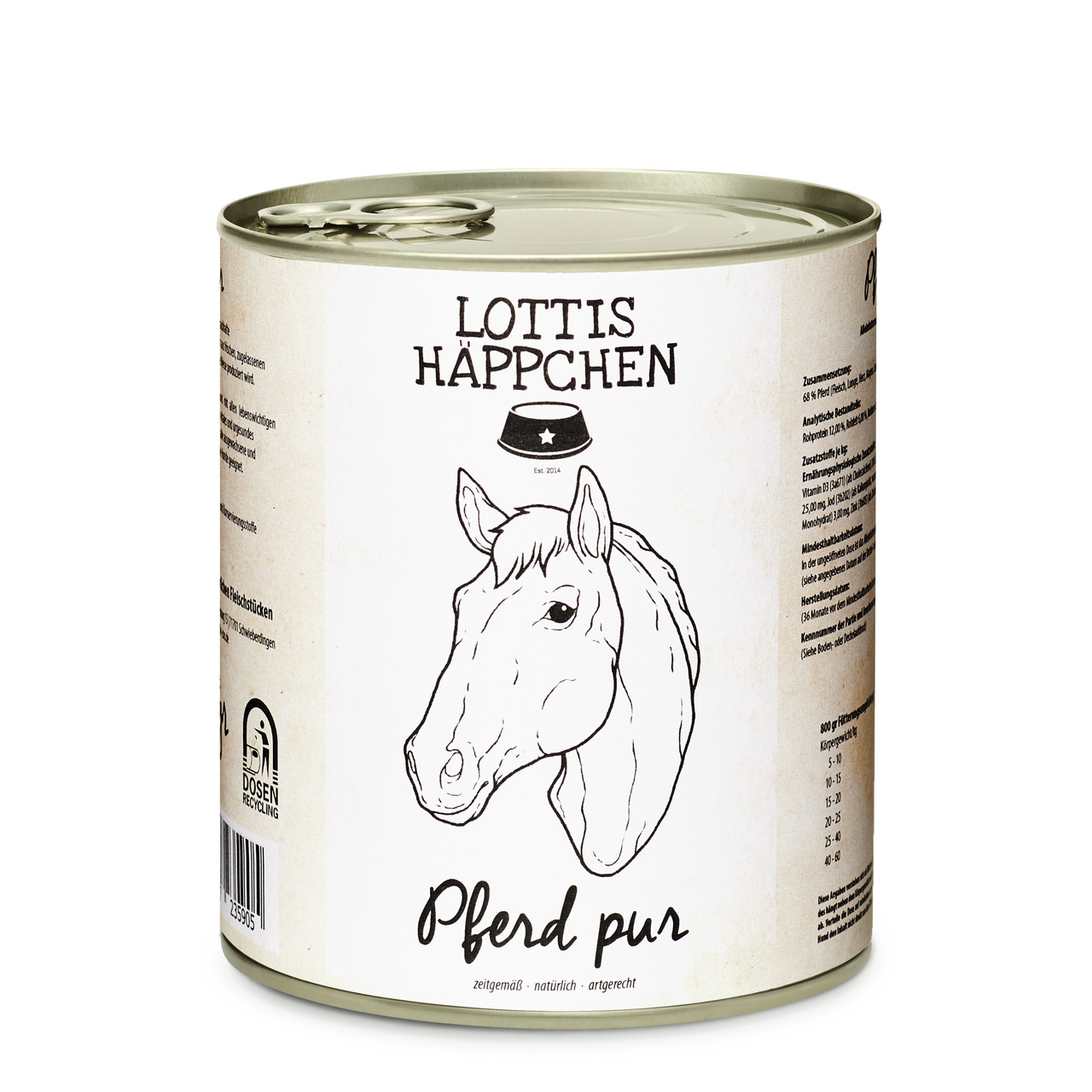 Lottis Häppchen – Pferd pur, für Hunde, Geschmacksr. Pferd, nat. & artgerechte Zutaten, 400 g, mit gezeichnetem Pferdekopf.