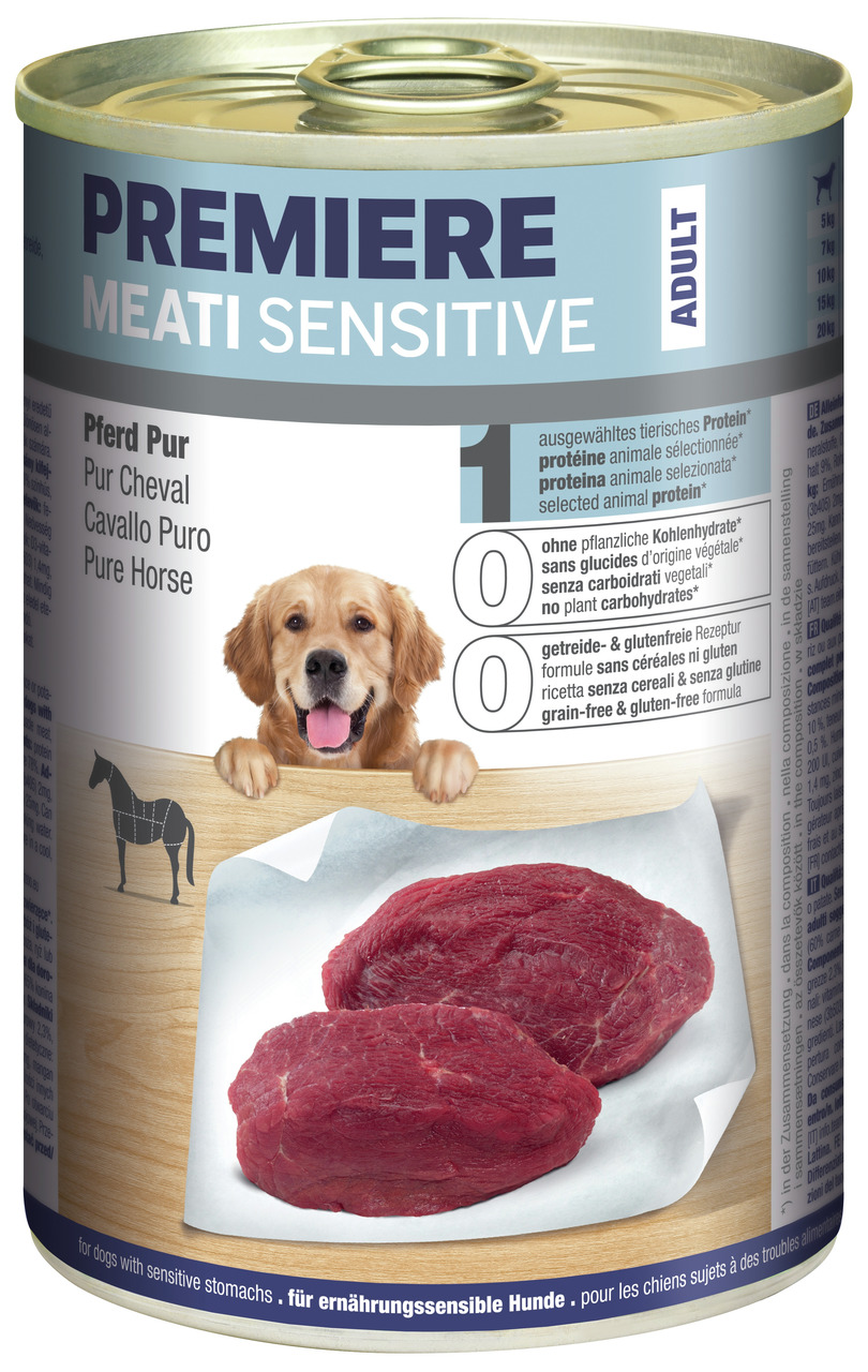 Das Bild zeigt eine Dose Hundefutter der Marke PREMIERE mit der Produktbezeichnung "MEATI SENSITIVE". Es handelt sich um die Sorte "Pferd Pur", speziell für ernährungssensible Hunde. Die Dose enthält hochwertiges, ausgewähltes tierisches Protein und ist f