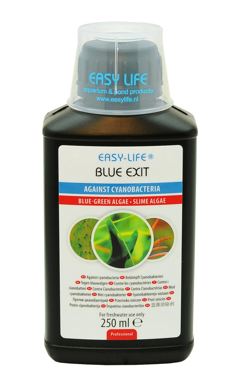 Easy-Life Blue Exit, 250 ml, gegen Cyanobakterien in Süßwasseraquarien, schwarze Flasche mit transparentem Deckel.