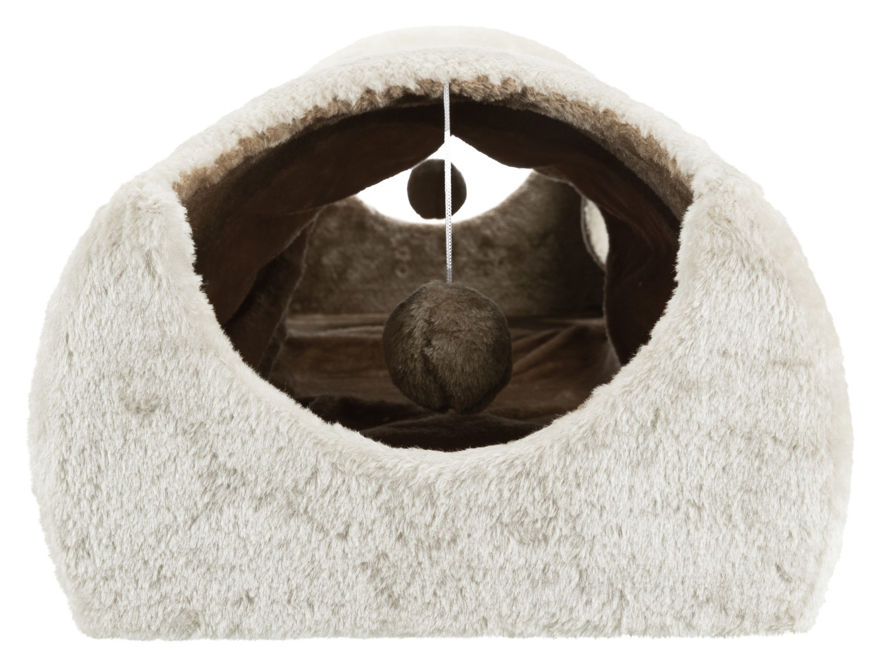 Das Bild zeigt den TRIXIE Spieltunnel für Katzen, geeignet für alle Katzenrassen. Der Tunnel besteht aus weichem Plüsch in Cremefarben und robustem Sisalgewebe in Beige. Im Inneren befindet sich ein hängender Spielball zur Unterhaltung. Ideal für Spiel un