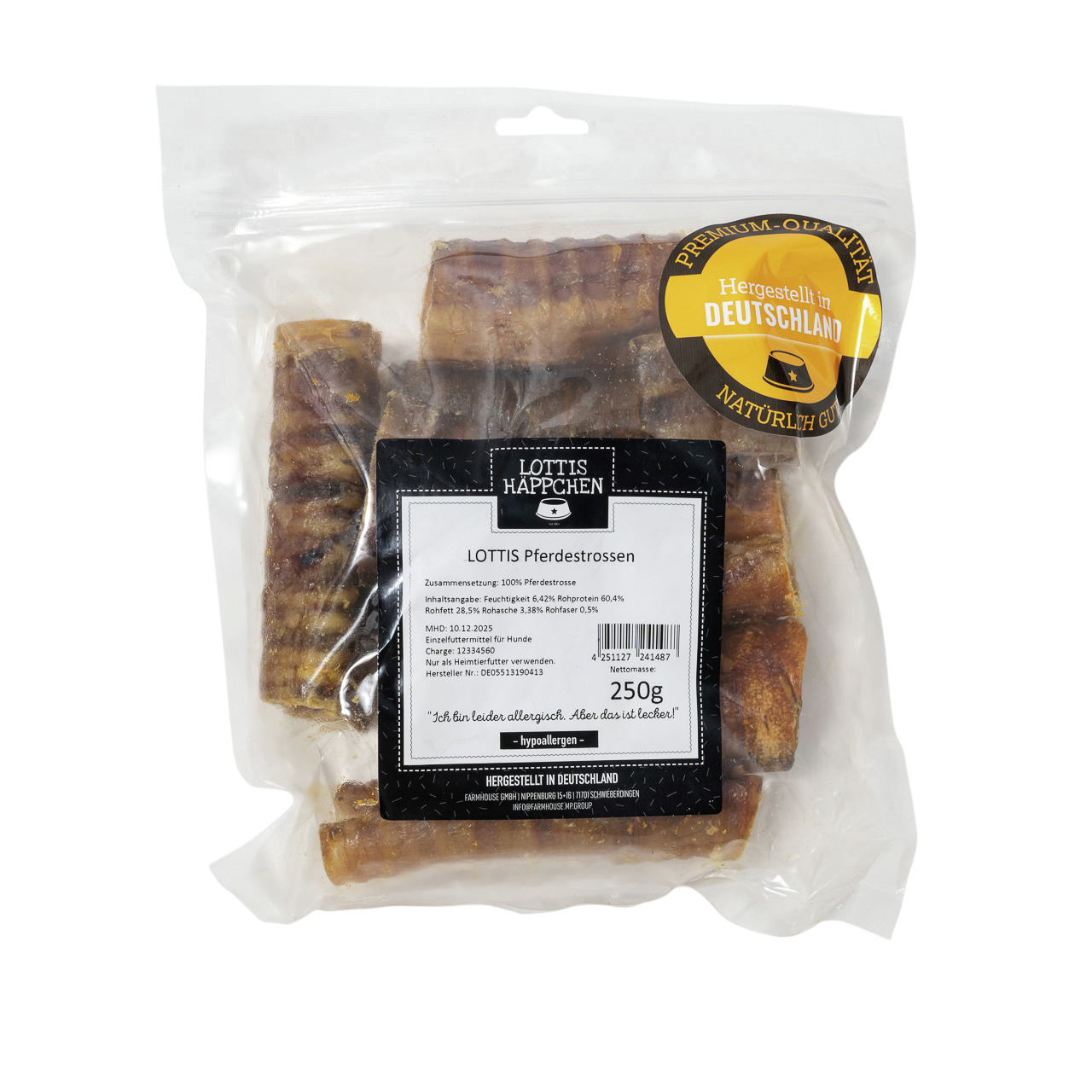 Das Bild zeigt eine transparente Verpackung mit der Aufschrift „LOTTIS HÄPPCHEN – Pferdestrossen“. Die Marke LOTTIS HÄPPCHEN bietet hier hypoallergene Kauartikel für Hunde an. Die Zielgruppe sind Hundehalter, die Wert auf natürliche und hochwertige Produk