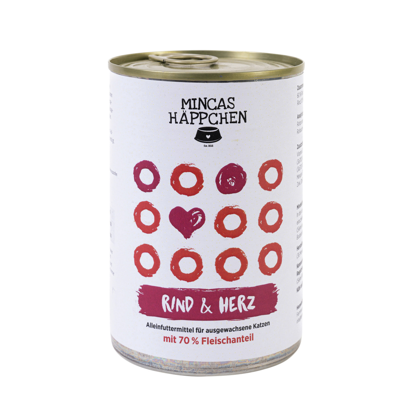 MINCAS HÄPPCHEN Katzenfutter Rind & Herz, Alleinfutter f. erw. Katzen, 70 % Fleisch, modernes Design, Dose mit Herzmotiv.