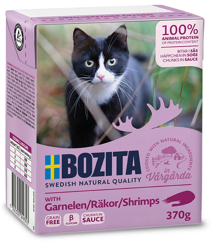 Bozita Swedish Natural Quality Katzenfutter, Garnelen in Soße, 370 g, getreidefrei, 100 % tierisches Protein, natürliche Zutaten.