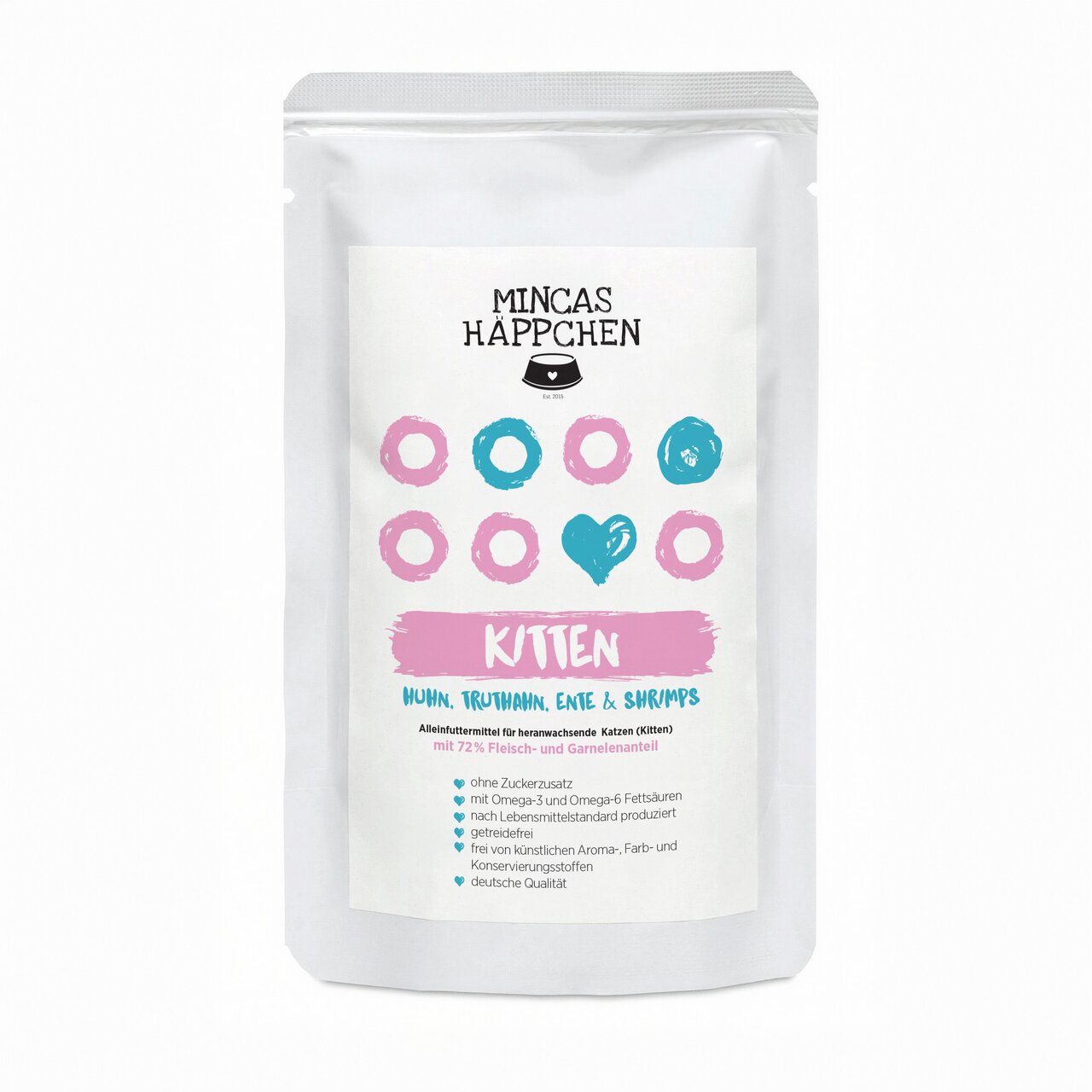 MINCAS HÄPPCHEN Kittenfutter für junge Katzen, 72 % Huhn, Truthahn, Ente & Shrimps, getreidefrei, 1 kg, ohne Zuckerzusatz.