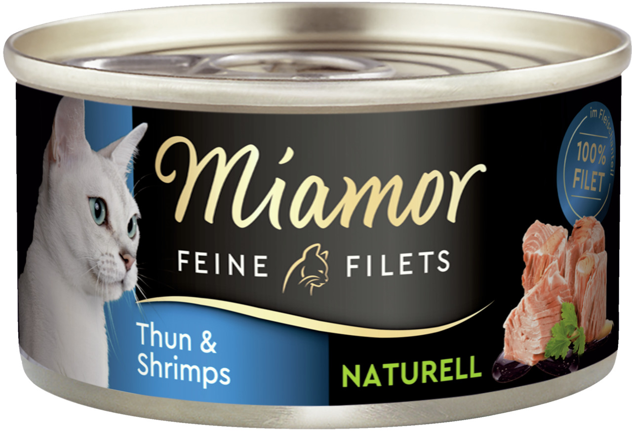 Miamor Feine Filets Katzenfutter, Thunfisch & Shrimps, 100 % Filet, naturell, für Katzen, hohe Qualität, 125 g.
