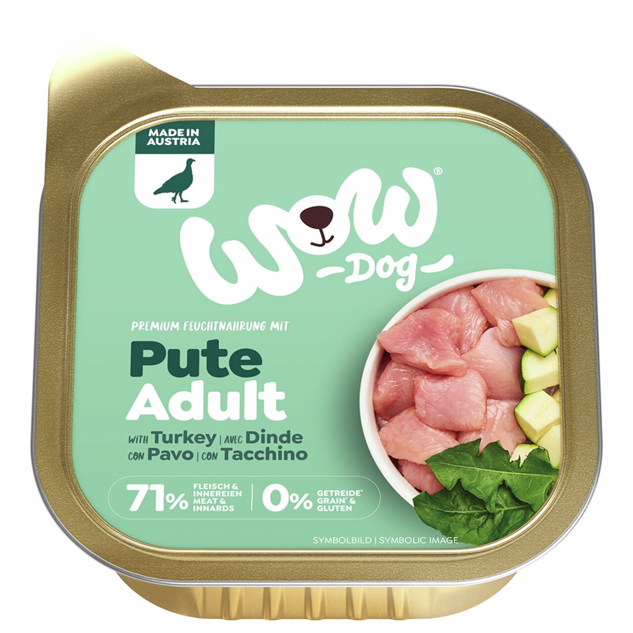 WOW DOG Feuchtfutter für Hunde, Pute, für ausgewachsene Hunde, getreidefrei, 71 % Fleisch, 300 g, Made in Austria.