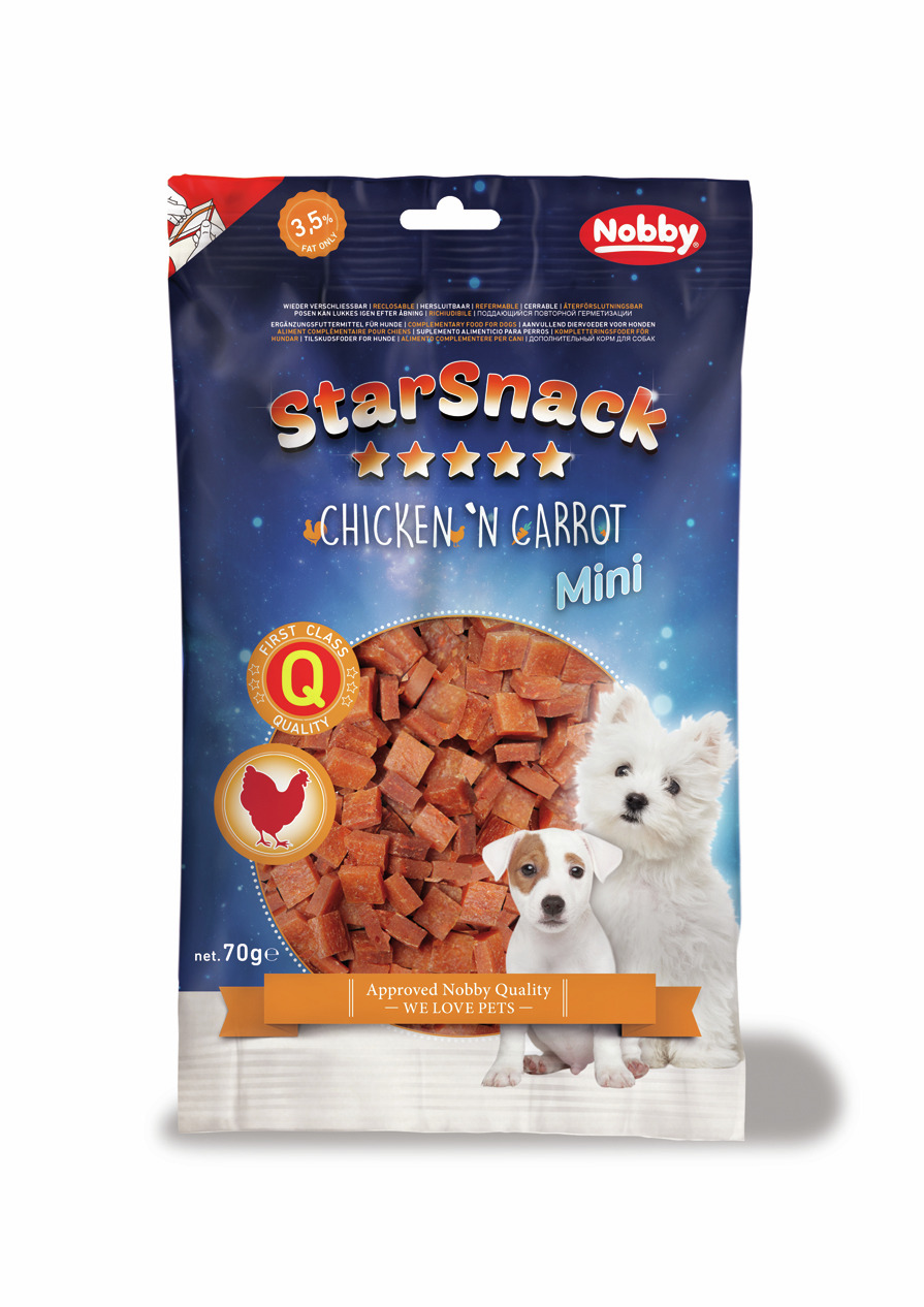 Nobby StarSnack Chicken 'n Carrot Mini, Hundesnack f. kl.-mittelgr. Hunde, Huhn+Karotte, 3,5 % Fett, 70 g.