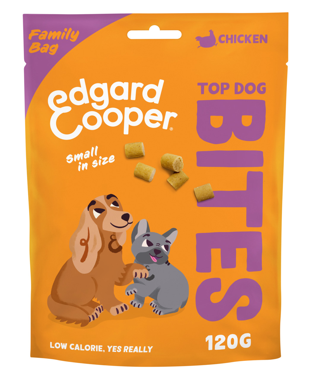 Edgard & Cooper Top Dog Bites, Hundesnacks mit Huhn, für alle Größen, kalorienarm, kleine Stücke, 120 g, Family Bag.