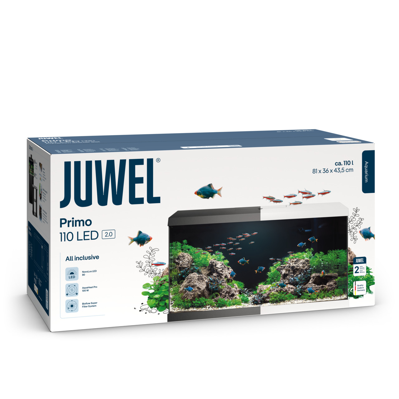 JUWEL Primo 110 LED 2.0 Aquarium, Komplettset, für Aquaristik-Fans, 110 L, LED, Bioflow Filter, AquaHeat Heizer, 81x36x43,5 cm.
