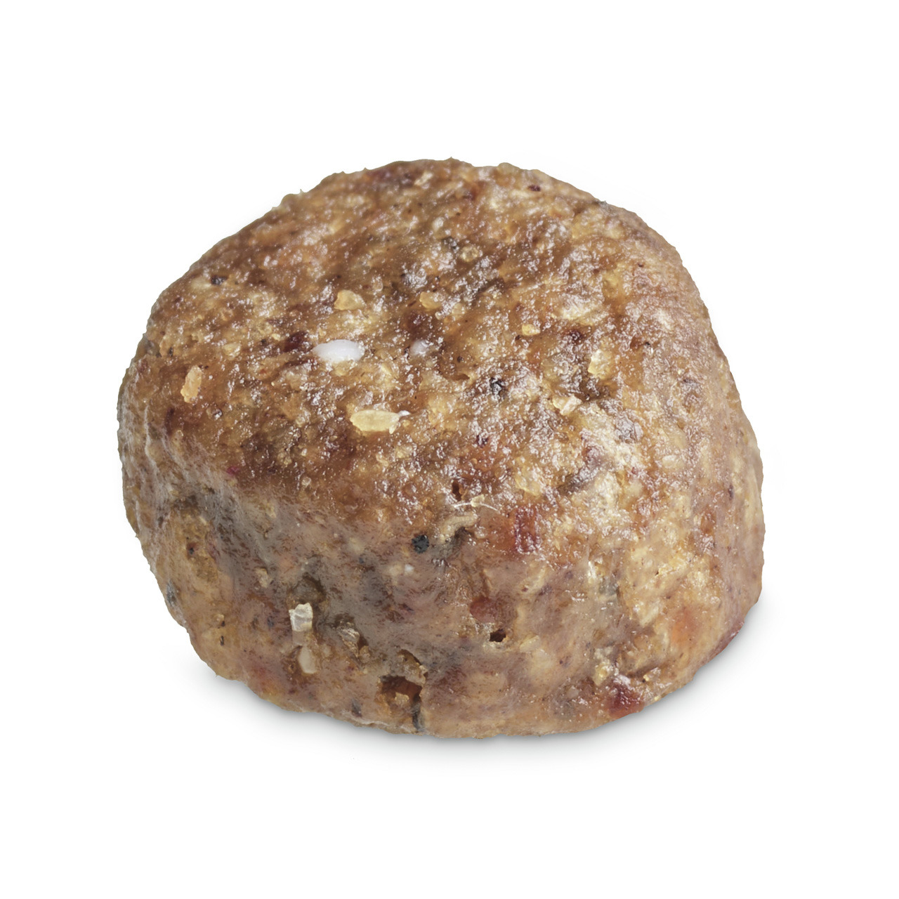 Das Bild zeigt ein einzelnes, rundes, fleischiges Futterstück der Marke TIKAANI, geeignet für Hunde. Es handelt sich um ein hochwertiges Frostfutter mit der Geschmacksrichtung Rind. Das Produkt ist speziell für die artgerechte Ernährung von Hunden entwick