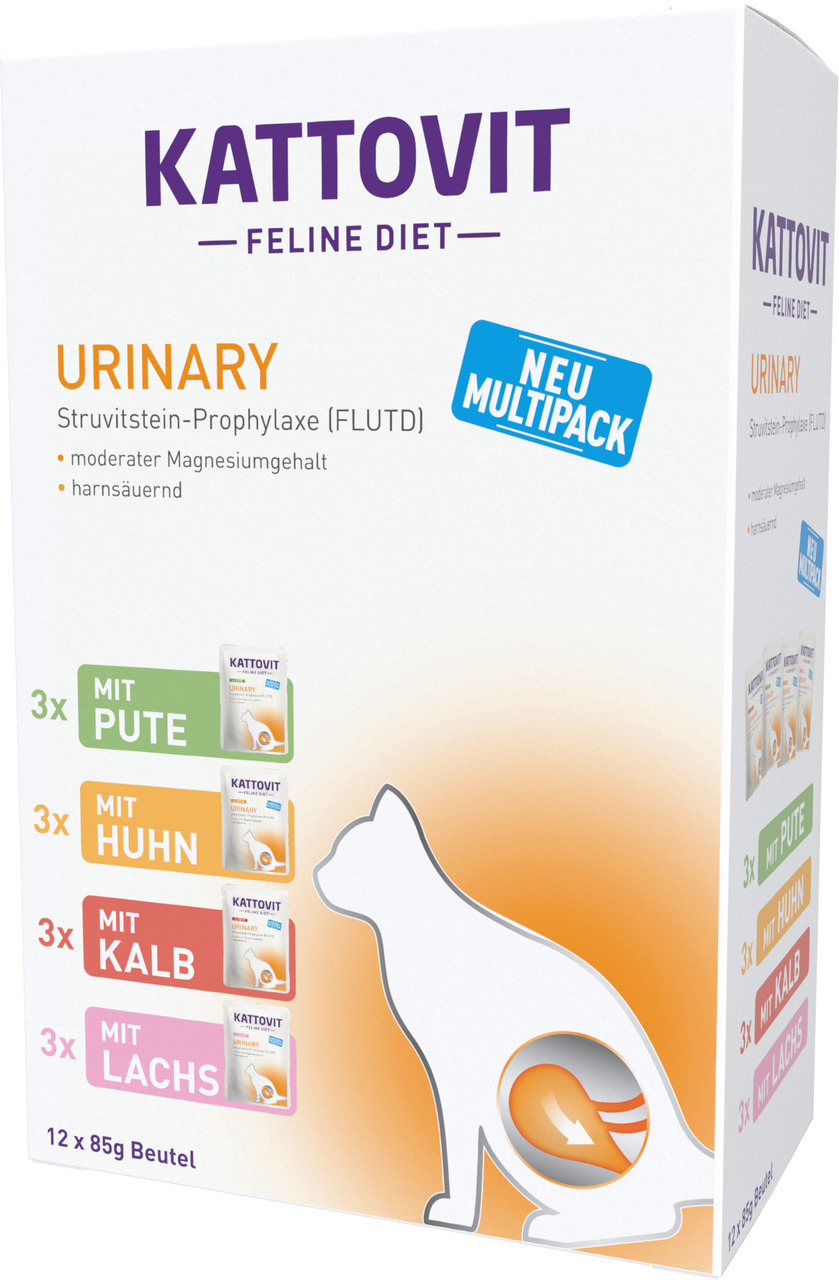 Kattovit Feline Diet Urinary, Nassfutter f. Katzen (FLUTD), 12x85g, 4 Sorten: Pute, Huhn, Kalb, Lachs, harnsäuernd, Mg-arm.