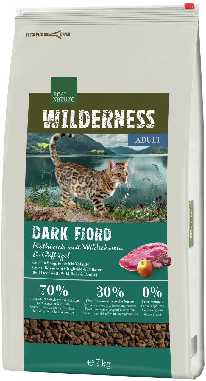 REAL NATURE WILDERNESS Dark Fjord, Katzenfutter f. erw. Katzen, Rothirsch-Wildschwein-Geflügel, 70 % tierisch, 0 % Getreide, 7 kg.