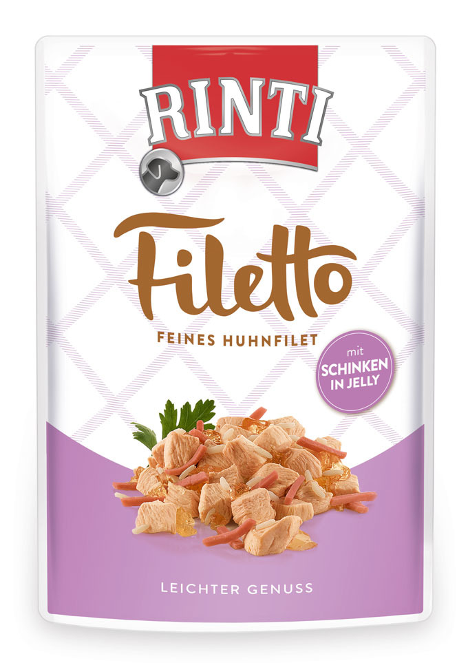 RINTI Filetto Nassfutter für Hunde, Feines Huhnfilet mit Schinken in Jelly, Geschmacksr.: Huhn+Schinken, „Leichter Genuss“.