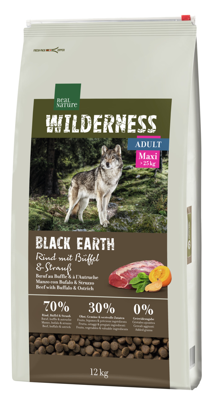 REAL NATURE WILDERNESS Black Earth, 12 kg, für erw. Hunde großer Rassen, Rind+Büffel+Strauß, 70 % tierisch, 30 % Obst+Gemüse, getreidefrei.