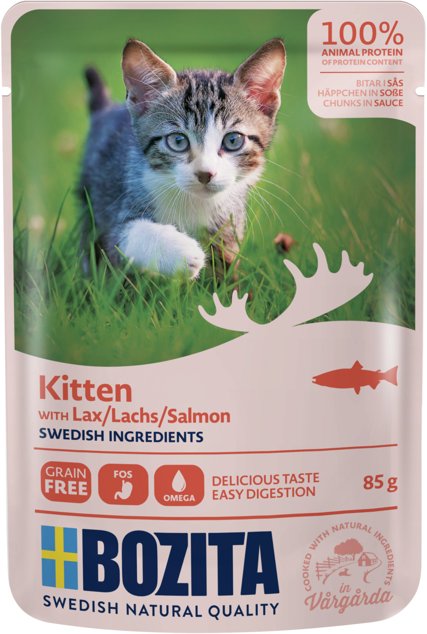 Bozita Kitten Katzenfutter, Lachs, für Kätzchen, 85 g, getreidefrei, leicht verdaulich, schwedische Zutaten, Omega-Fettsäuren.