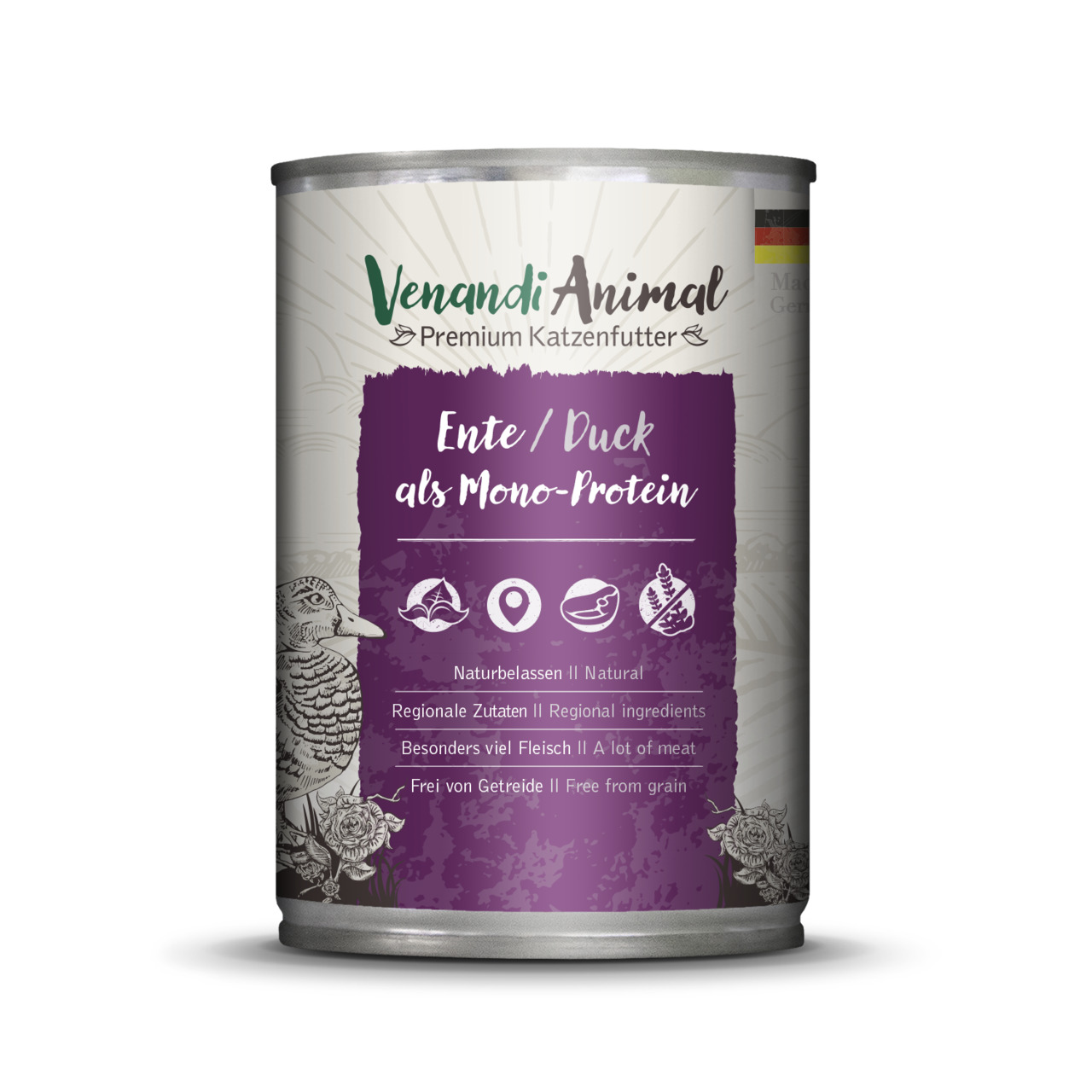 Venandi Animal Katzenfutter Ente (Mono-Protein), 400 g: natürlich, regionale Zutaten, viel Fleisch, getreidefrei.