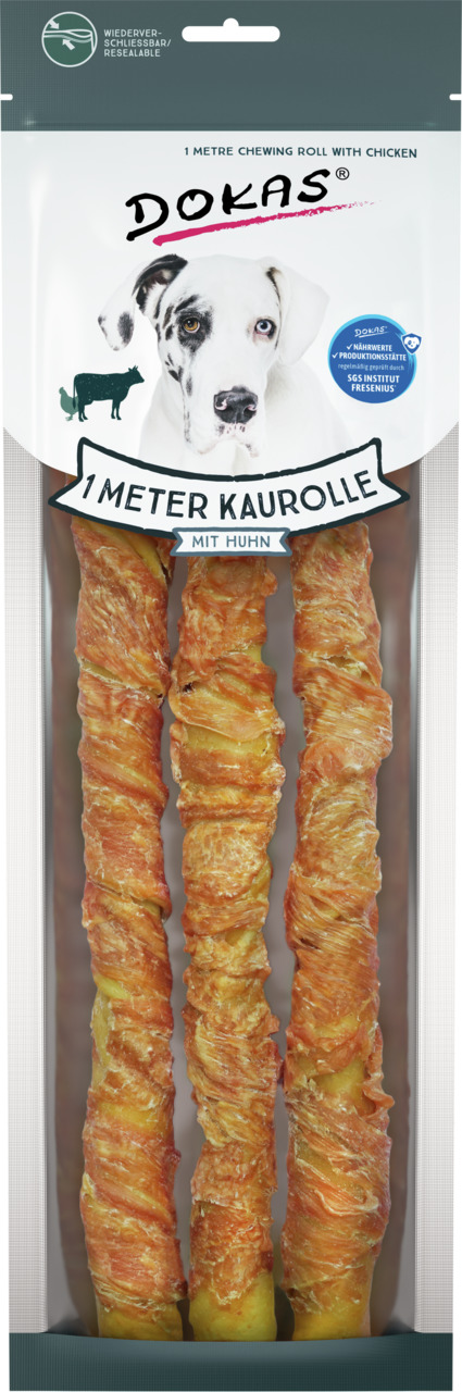 DOKAS 1m Kaurolle mit Huhn, Kausnack für Hunde, 3 Stk., mit Hühnerfleisch, wiederverschließbar, geprüft vom SGS Institut Fresenius.