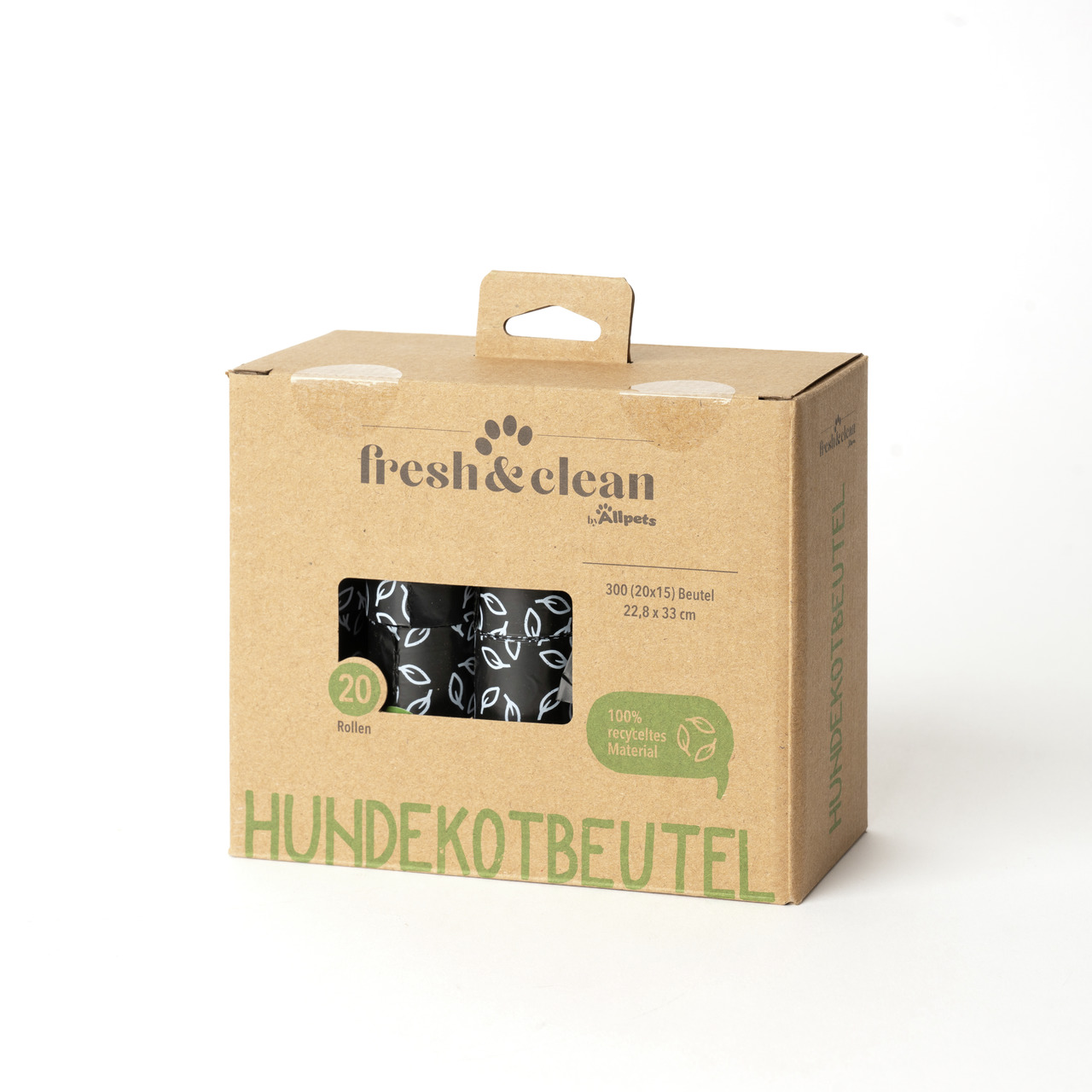 Allpets „fresh & clean“ Hundekotbeutel, für Hundebesitzer, 300 Stk. (20 Rollen), 100 % recycelt, umweltfreundlich, 22,8 x 33 cm.