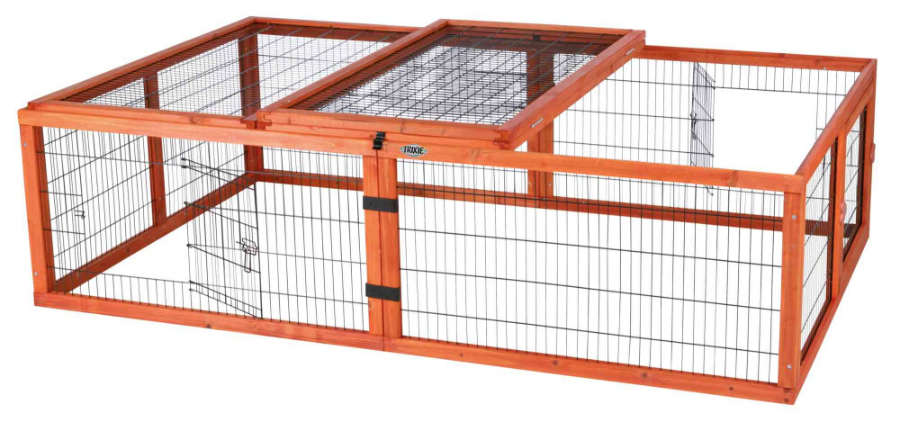 Holzfreilaufgehege von TRIXIE für Kleintiere, ideal für Kaninchen und Meerschweinchen. Das Gehege besteht aus robustem Holz und verzinktem Metallgitter, bietet sicheren Auslauf und Schutz vor Raubtieren. Mit aufklappbarem Dach und seitlicher Tür für einfa