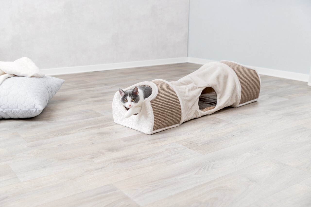 TRIXIE Spieltunnel für Katzen, alle Rassen, Plüsch & Sisal, ideal zum Spielen, Verstecken & Kratzen, fördert Aktivität, ca. 1 m.