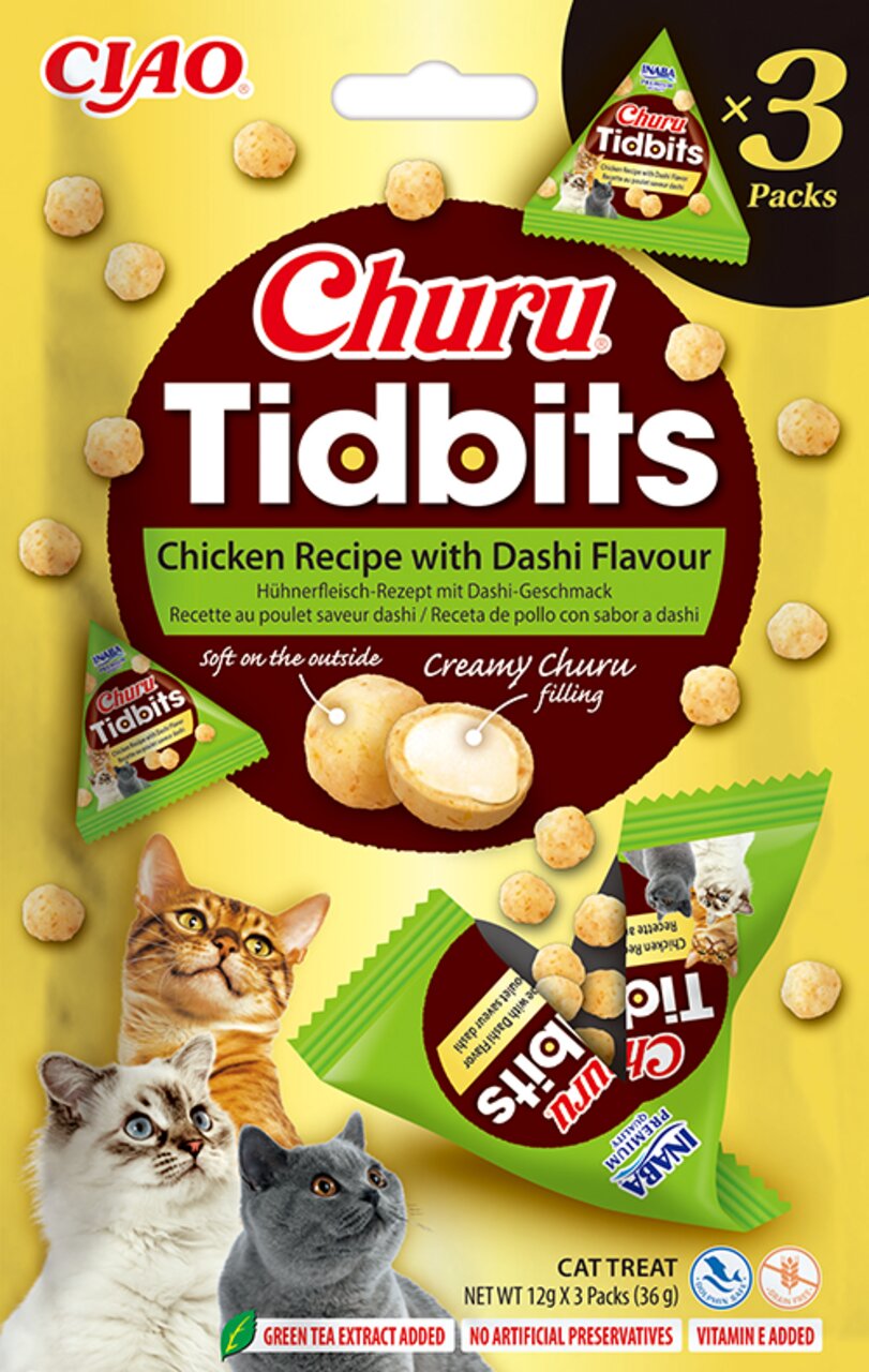 CIAO Churu Tidbits Katzensnack, Huhn mit Dashi, für Katzen, cremige Füllung, 3 x 12 g (36 g), mit grünem Tee und Vitamin E.
