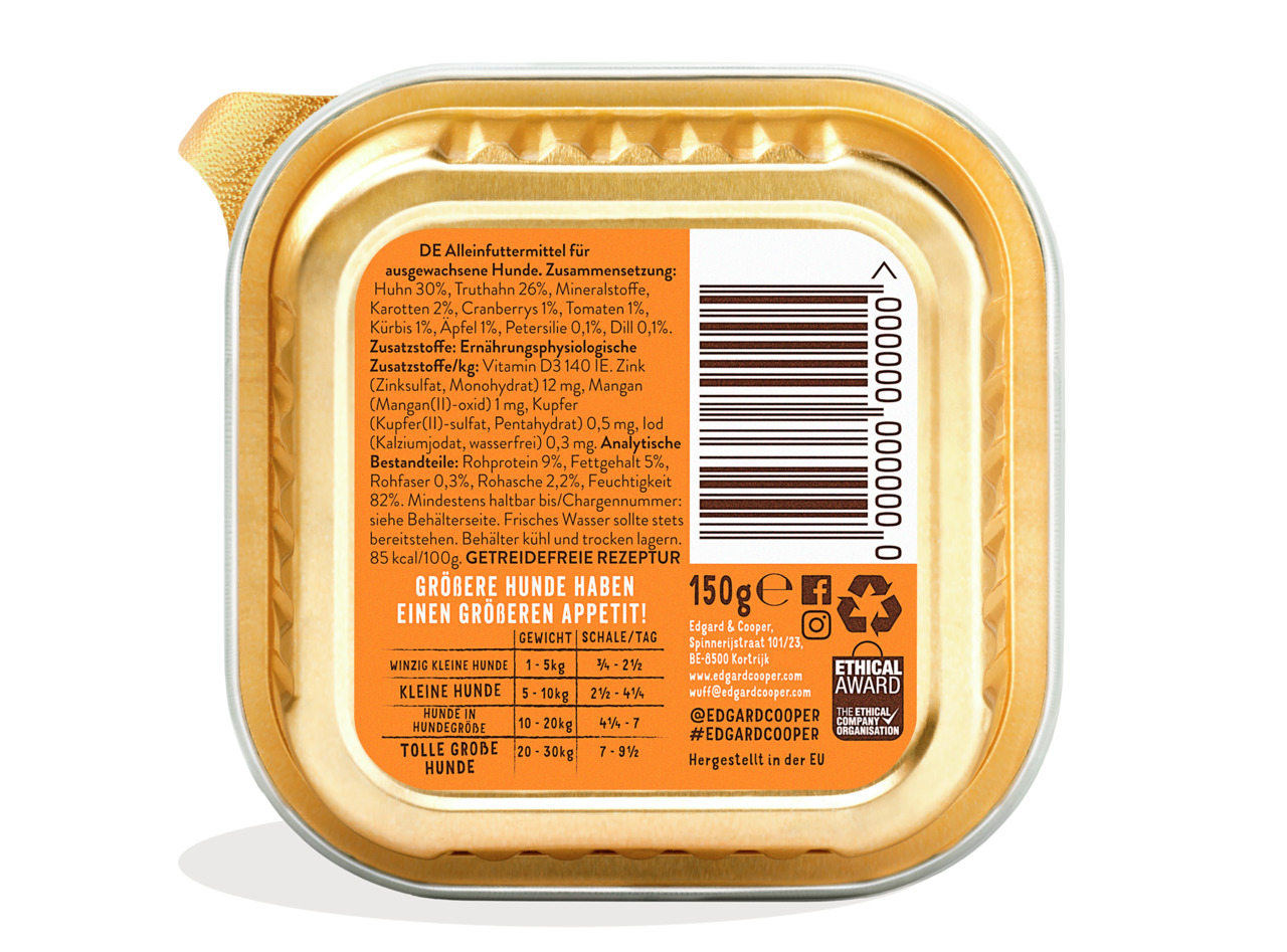 Edgard & Cooper Hundefutter, Huhn & Truthahn, getreidefrei, nat. Zutaten, 150 g, für kl.-gr. Hunde, Alleinfutter.