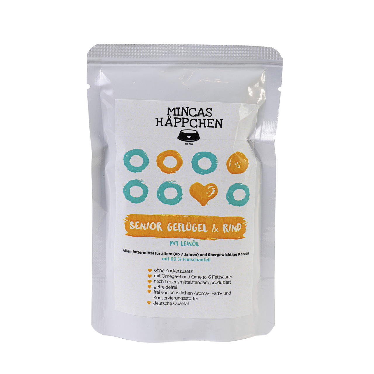 MINCAS HÄPPCHEN Senior Geflügel & Rind, für Katzen ab 7 J., 69 % Fleisch, getreidefrei, Omega-3/-6, ohne künstl. Zusätze, deutsche Qualität.