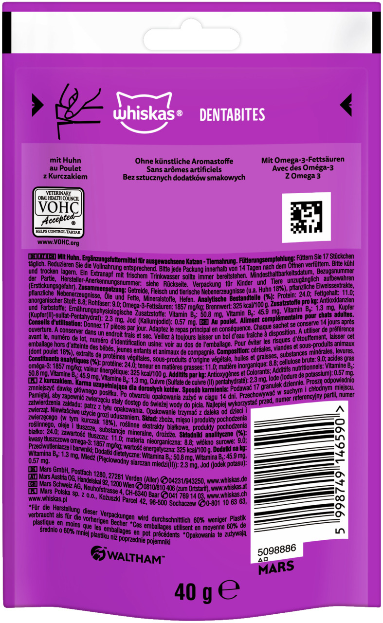 Whiskas Dentabites, Ergänzungsfuttermittel für Katzen, Huhn, 40 g, ohne künstl. Aromastoffe, mit Omega-3, lila Verpackung.