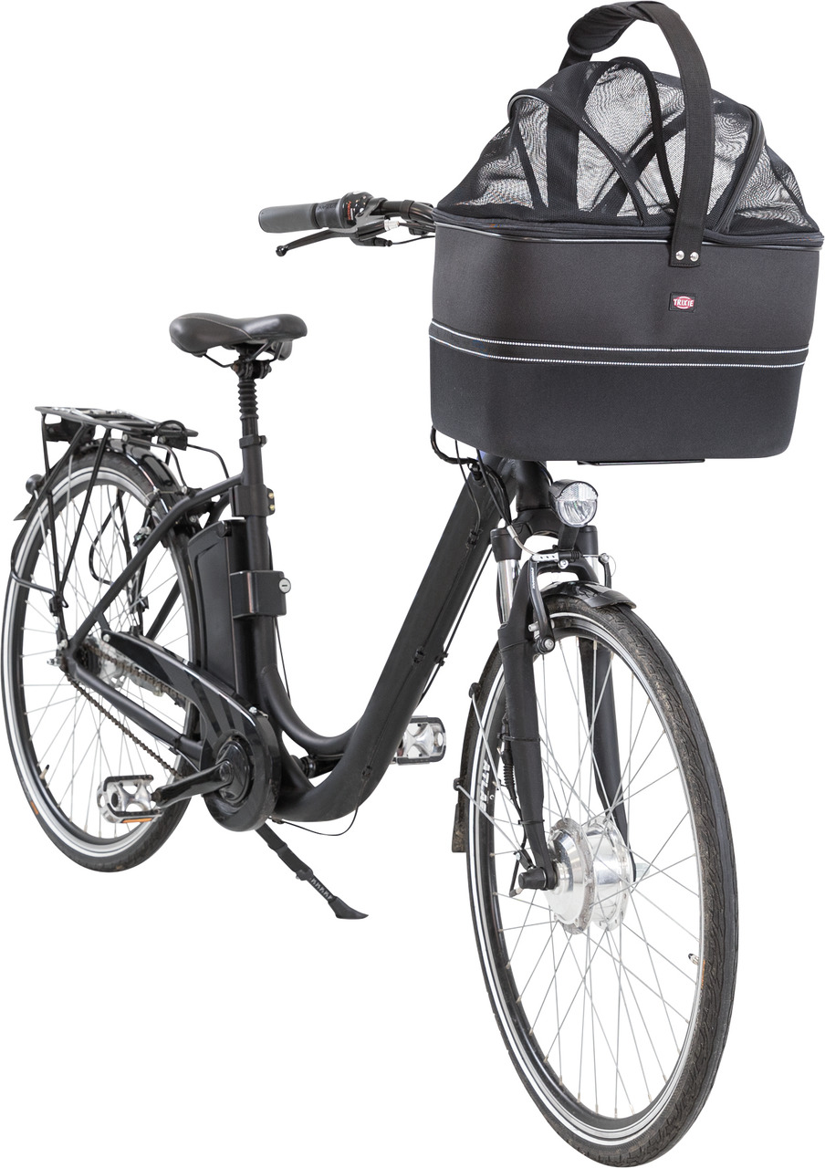 TRIXIE Fahrradkorb, für kleine Hunde-Katzen, schwarz, mit Netzabdeckung, sicher-belüftet, tragbar, ideal für unterwegs.