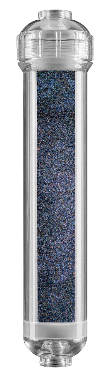 ARKA Wasserfilter-Kartusche mit blauem Mischharzgranulat für Osmoseanlagen oder Aquaristik, transparentes Gehäuse.
