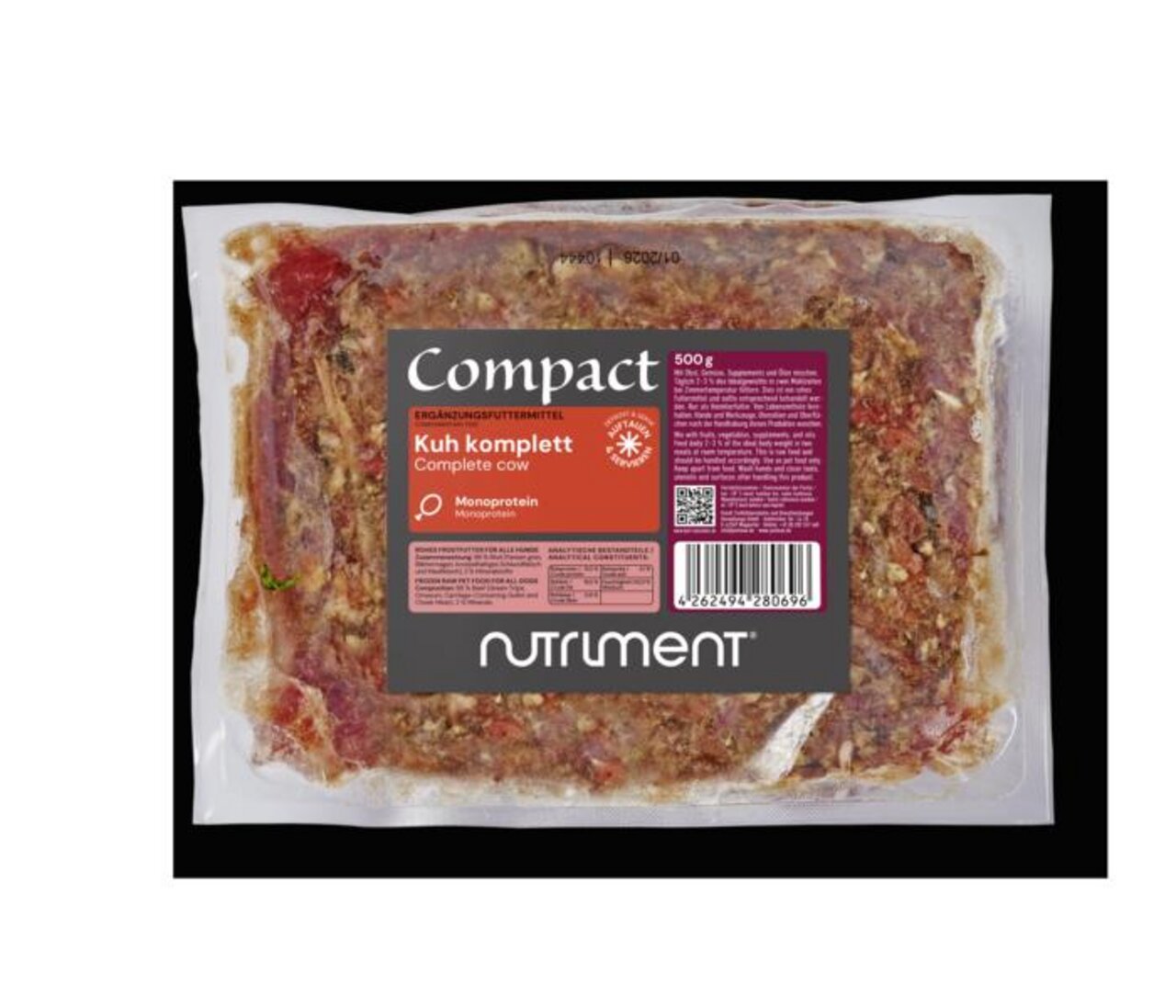 Nutriment Compact Kuh, Monoprotein, 500 g, für Hunde, Ergänzungsfuttermittel, vakuumverpackt.