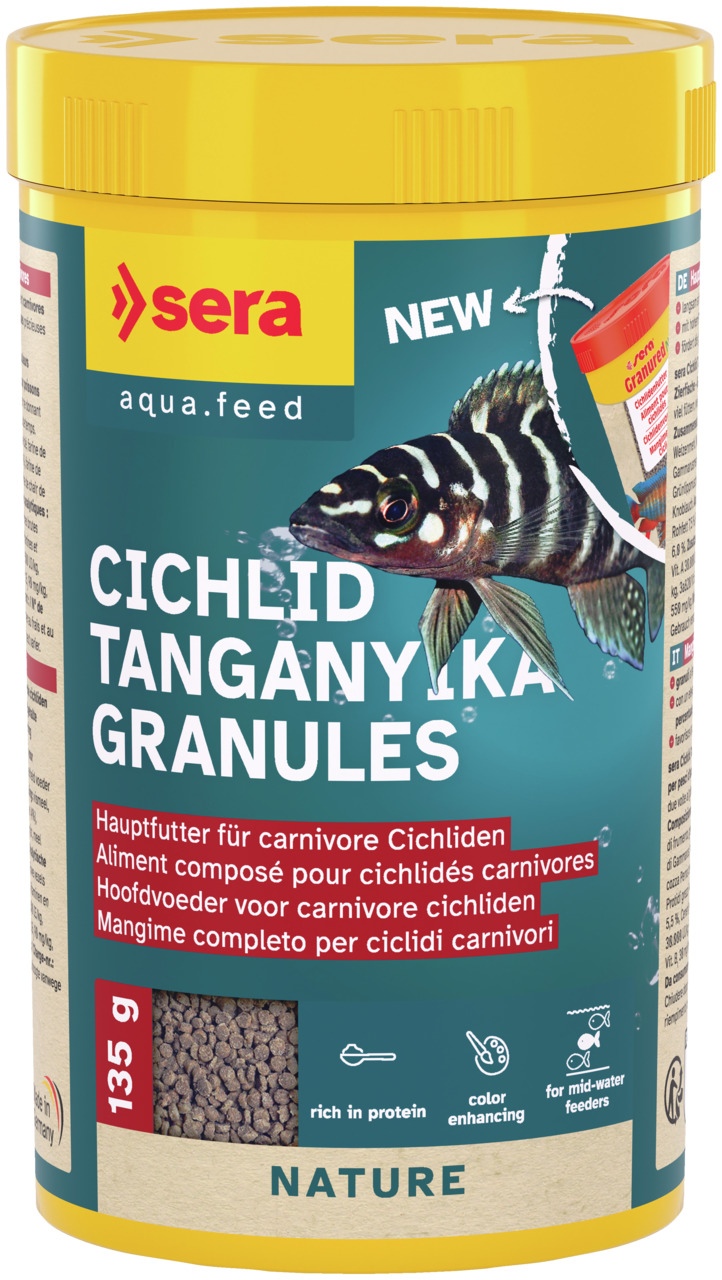 sera Cichlid Tanganyika Granules, Hauptfutter f. carnivore Cichliden, 135 g, reich an Proteinen, intensiviert Farben, f. Aquarienfische.