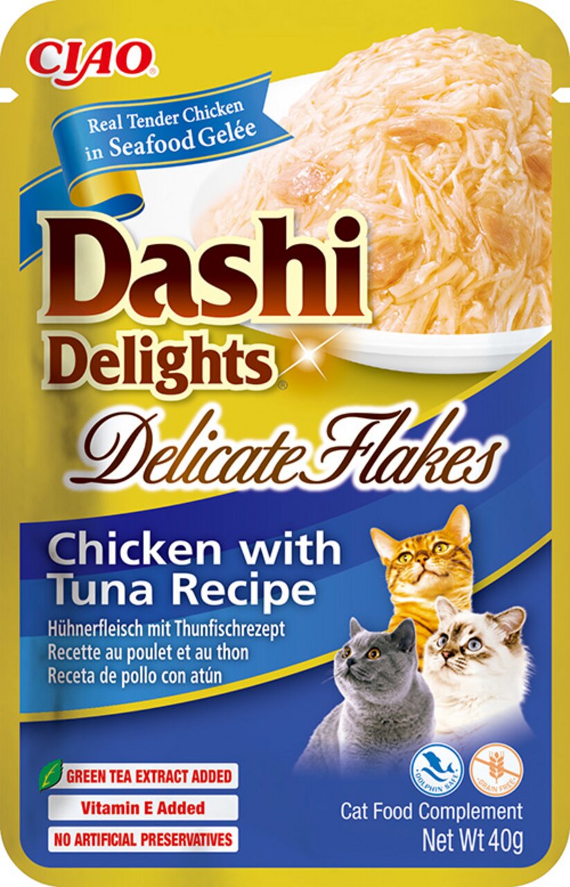 Ciao Dashi Delights Delicate Flakes, Katzenfutter, Huhn mit Thunfisch, 40 g, angereichert mit grünem Tee und Vitamin E.