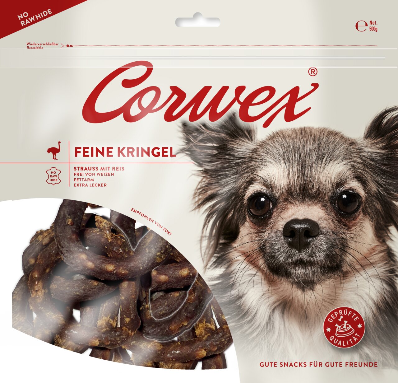 Corwex Feine Kringel, Hundesnack, Strauß mit Reis, fettarm, weizenfrei, 500g, extra lecker, Qualität geprüft, wiederverschließbar.