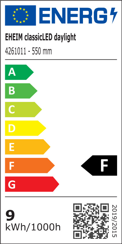 Das Bild zeigt das EU-Energielabel für die EHEIM classicLED daylight mit einer Länge von 550 mm (Modellnummer 4261011). Die Energieeffizienzklasse ist F, und der Energieverbrauch beträgt 9 kWh pro 1000 Stunden. Das Label enthält eine Farbskala von A (grün