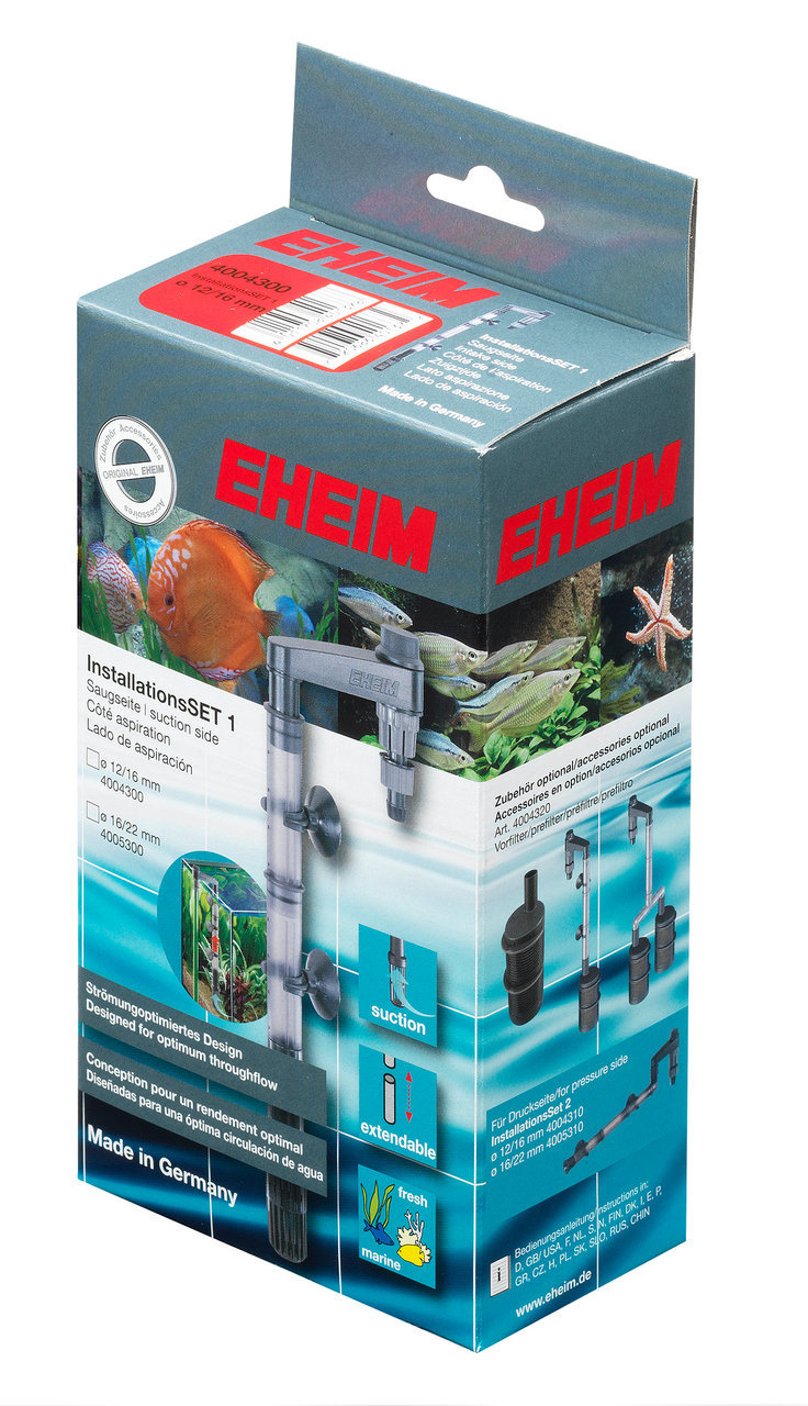 Das Bild zeigt die Verpackung des Produkts „EHEIM InstallationsSET 1“, das für Aquarien entwickelt wurde. Es handelt sich um ein Zubehörteil zur Optimierung des Wasserflusses, geeignet für Süß- und Meerwasseraquarien. Die Verpackung hebt die einfache Inst