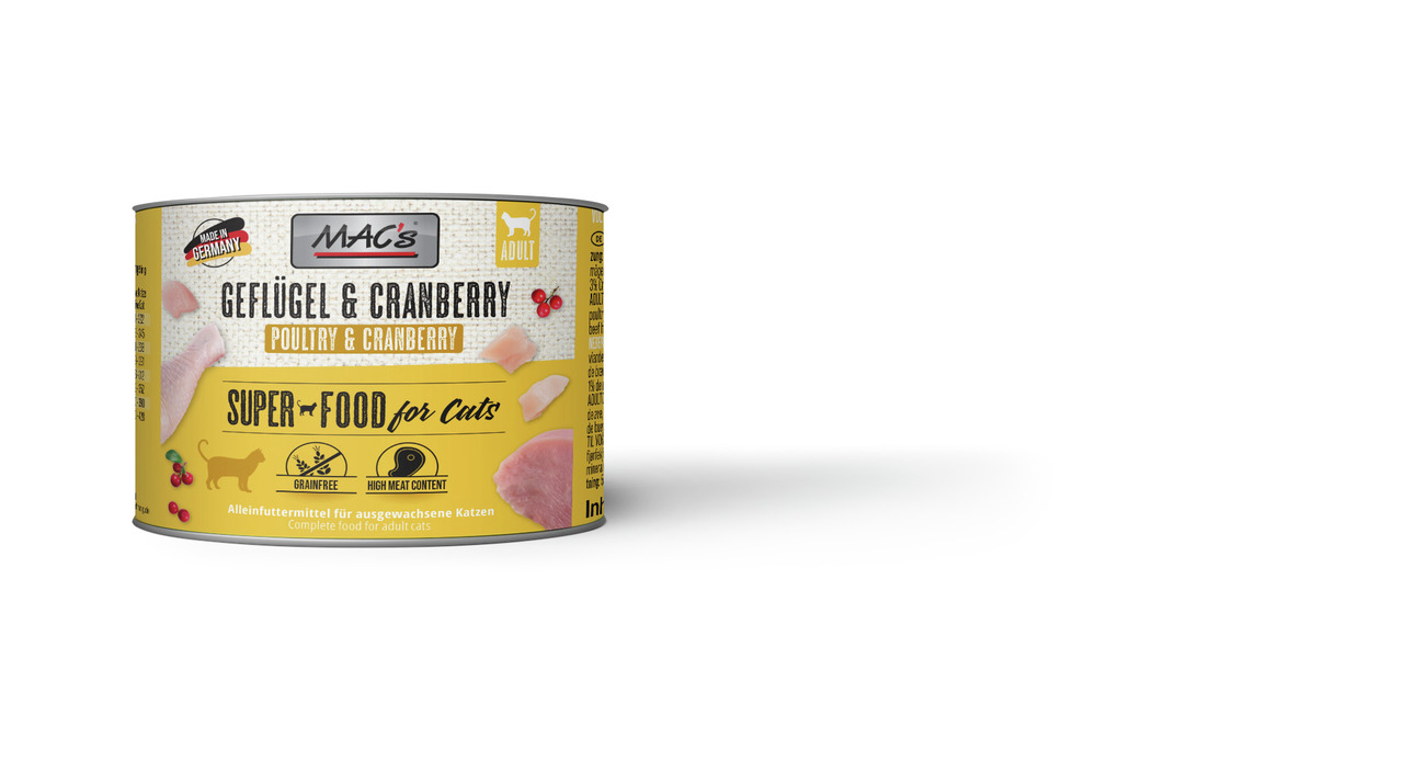 MAC's Geflügel & Cranberry, Katzenfutter für ausgewachsene Katzen, getreidefrei, hoher Fleischanteil, 200 g, hergestellt in Deutschland.