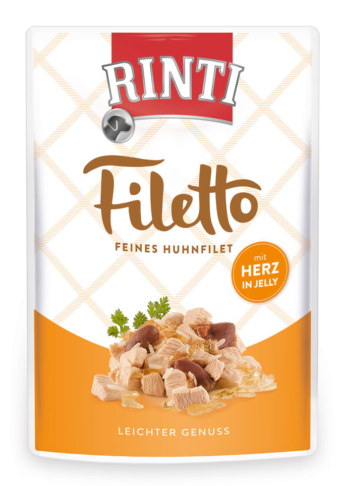 RINTI Filetto Nassfutter für Hunde, Huhnfilet mit Herz in Jelly, „leichter Genuss“, 125g, zarte Fleischstücke & Kräuter.