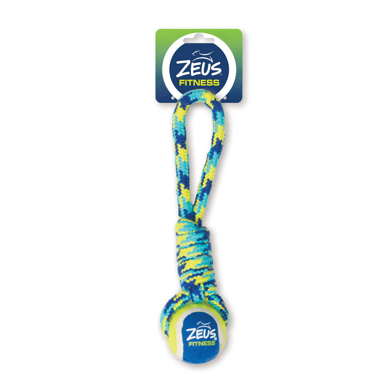 ZEUS Fitness Rope Tug, Hundespielzeug, blau-gelb, robustes Seil mit Ball, ideal für interaktives Spielen & Training.