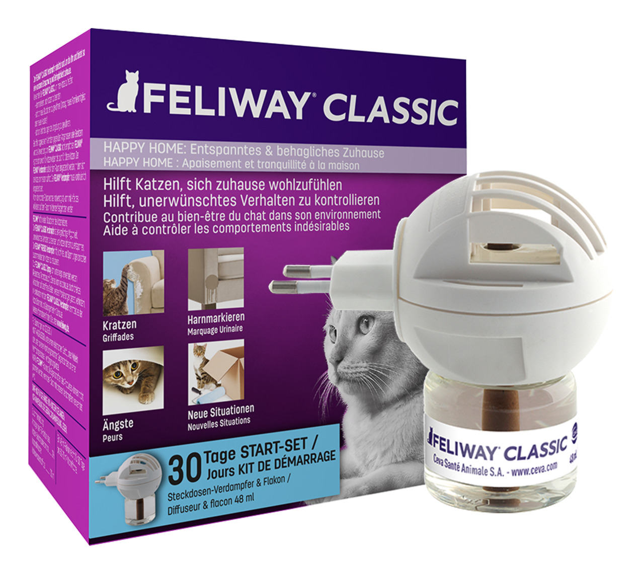 Das Bild zeigt das Produkt "Feliway Classic" der Marke Feliway, ein Steckdosen-Verdampfer-Set für Katzen. Es richtet sich an Katzenbesitzer und hilft, unerwünschtes Verhalten wie Kratzen, Harnmarkieren oder Ängste zu reduzieren. Enthalten ist ein Verdampf