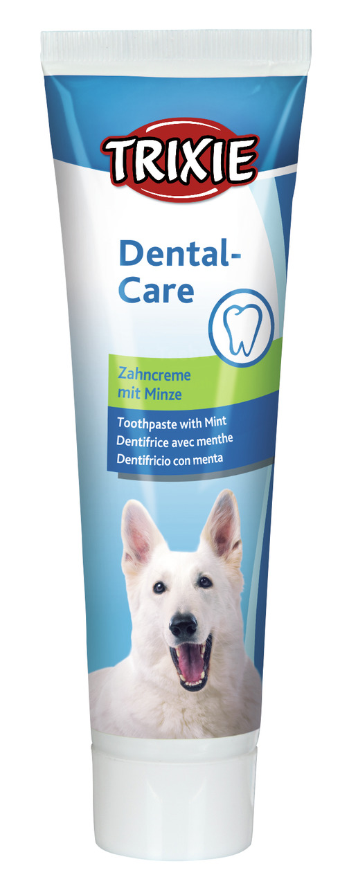 TRIXIE Dental-Care Zahnpasta für Hunde, Minzgeschmack, 100 g, ideal für Zahnpflege, blau-weiße Verpackung mit fröhlichem Hund.