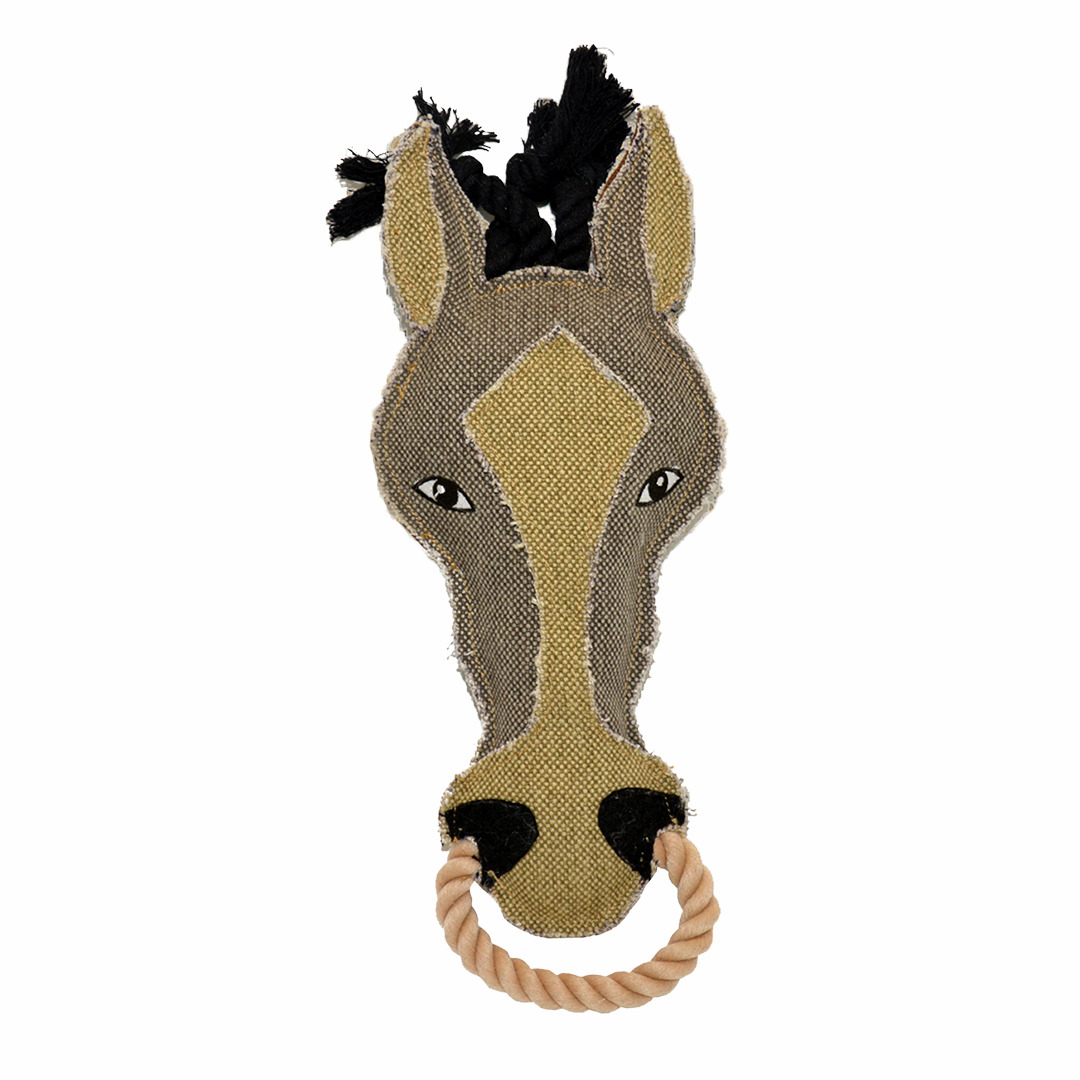 Ein Hundespielzeug der Marke EBI in Form eines Pferdekopfes aus robustem Stoffmaterial. Geeignet für Hunde aller Größen. Das Spielzeug enthält ein Seil, das als Kauspielzeug dient, und fördert die Zahnpflege. Perfekt für interaktives Spielen und Kauen.